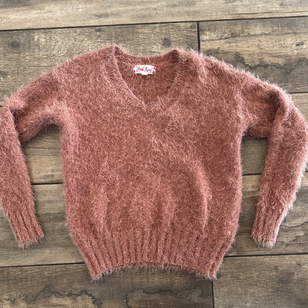 Pink Rose Fuzzy Mauve V-Neck Sweater